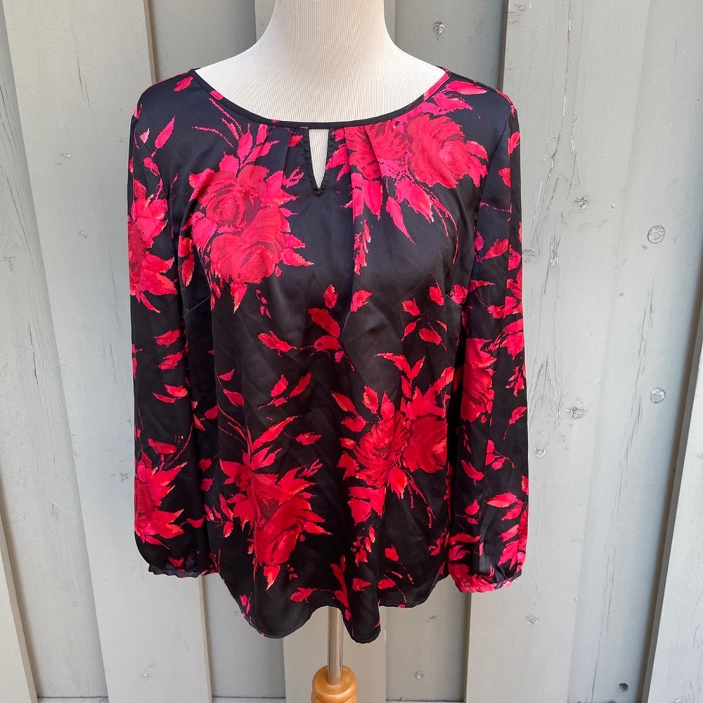 Talbots Black Red Floral Silky Long Sleeve Key Hole Neck Blouse Button Back SzMP